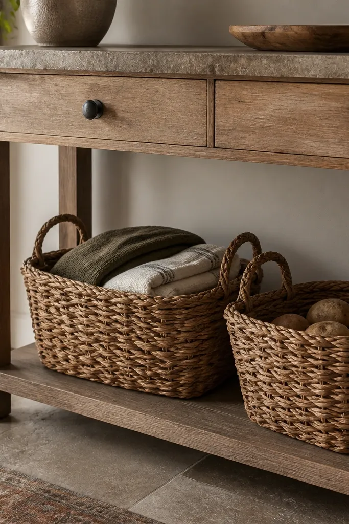 Two woven baskets under a console table. One basket holds folded kitchen towels in off-white and olive. The other holds a few potatoes or onions (implied by the shape of the contents).
