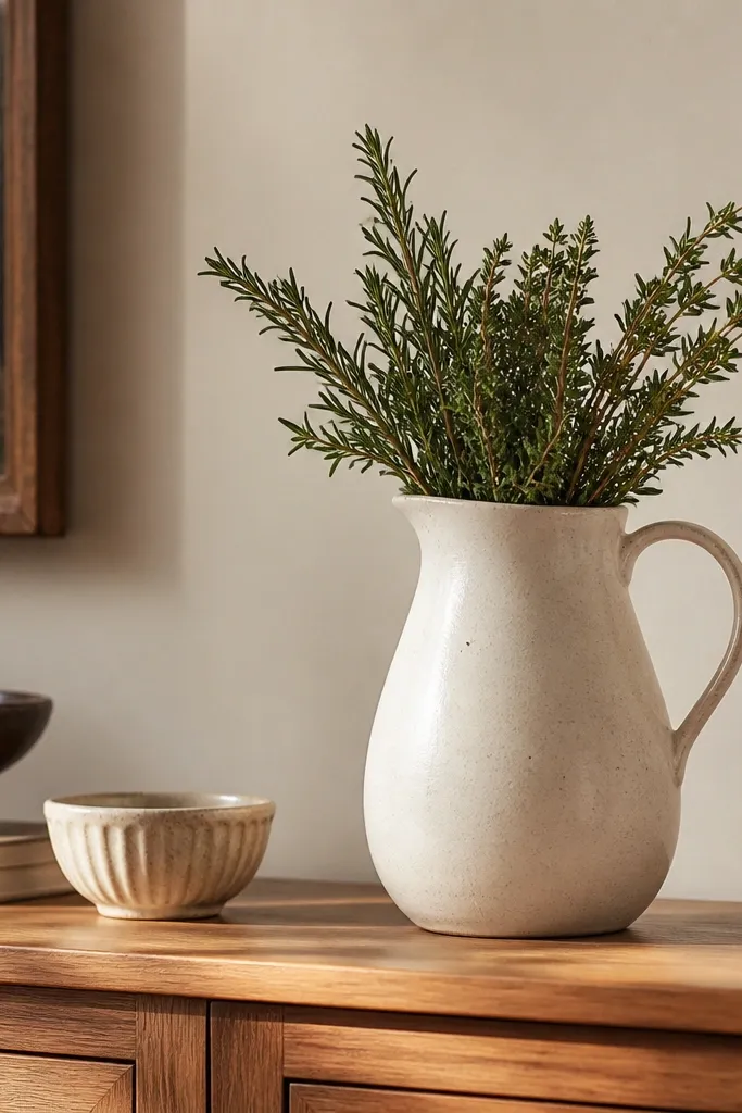 A ceramic pitcher on a dining sideboard with a small bundle of herbs inside. The pitcher is matte cream with subtle speckles. Warm daylight hits the surface.