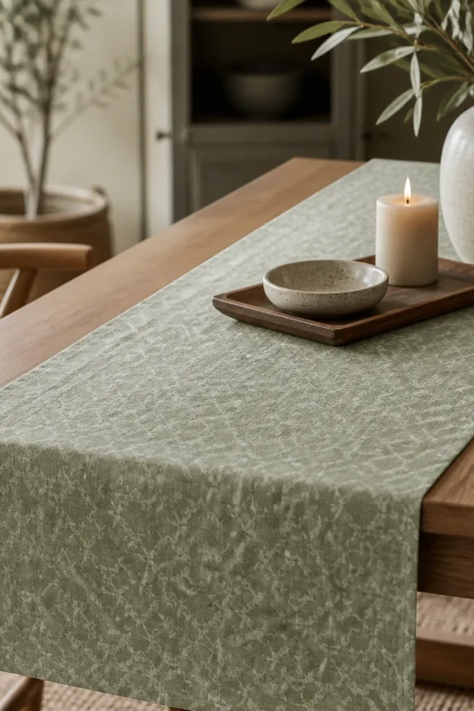A muted sage runner with a subtle geometric or tile-like pattern across a dining table. A small wooden tray sits on top with a candle and a ceramic dish.
