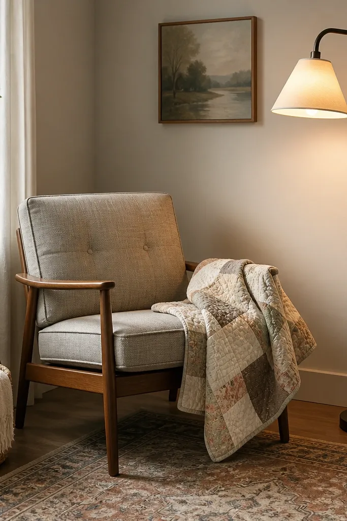 A small chair near a wall with a quilt throw draped over the arm. A woven basket sits beside it. A floor lamp with a warm bulb glows on the corner.