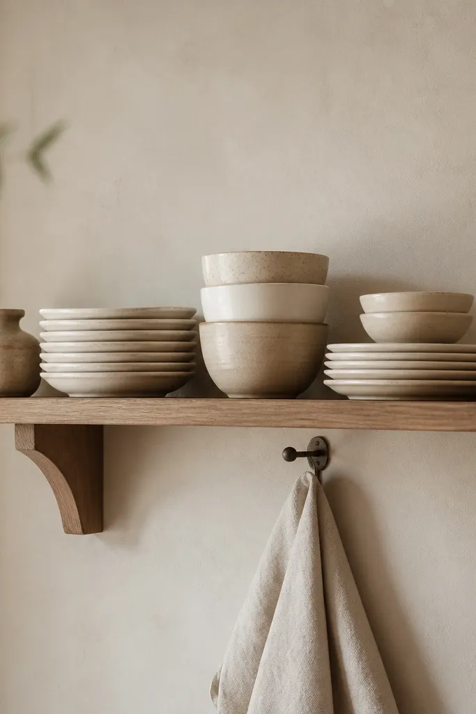 A wall shelf holding stacked plates and a few bowls in cream and warm stone tones. Two small jars sit at the ends. A small hanging towel is clipped to a hook below the shelf.