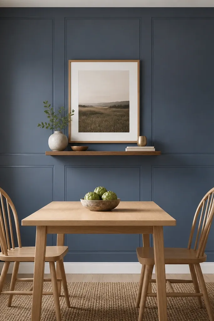 A dining nook with a single wall covered in peel-and-stick blue panel wallpaper in rectangular "wainscot" shapes; a light wood table and two simple chairs; a framed print centered above a small shelf.
