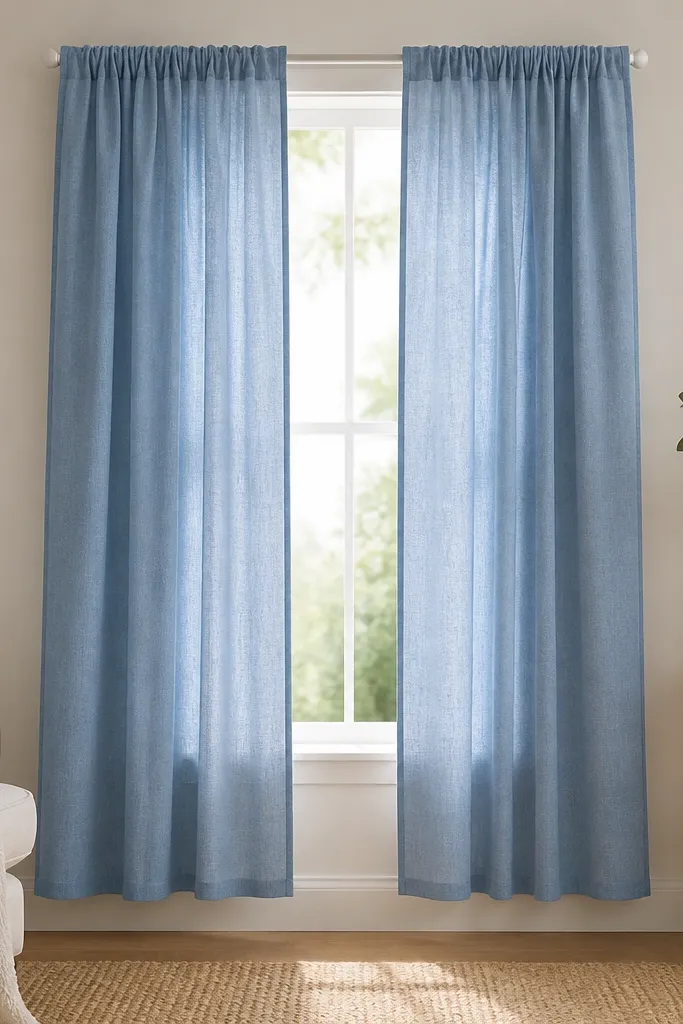 A window dressed with linen-look curtains in soft cornflower blue, gathered lightly; the rod is a clip-on tension rod; the bottom hem falls just above the floor.