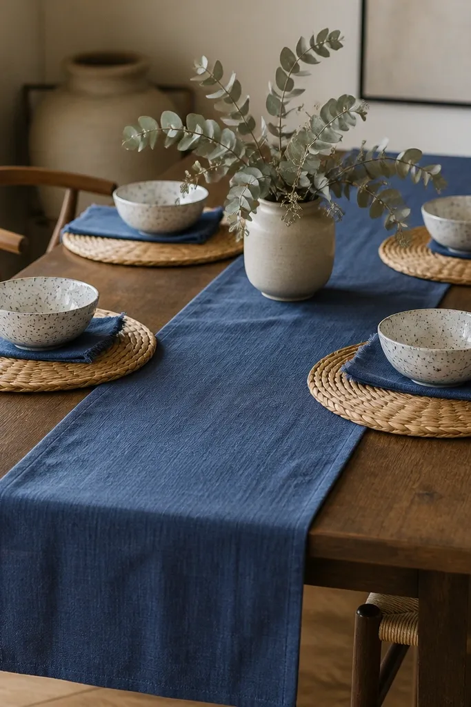 A dining table with a blue table runner laid lengthwise; woven placemats in tan; small ceramic bowls in white with blue speckles; a simple centerpiece of dried eucalyptus.
