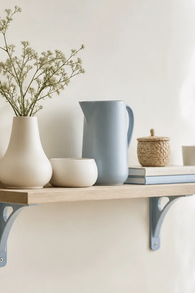 A small wall shelf with removable brackets; on it, white matte ceramics, a blue pitcher, stacked books, and a tiny woven basket; everything is color-coordinated in soft blues and creams.