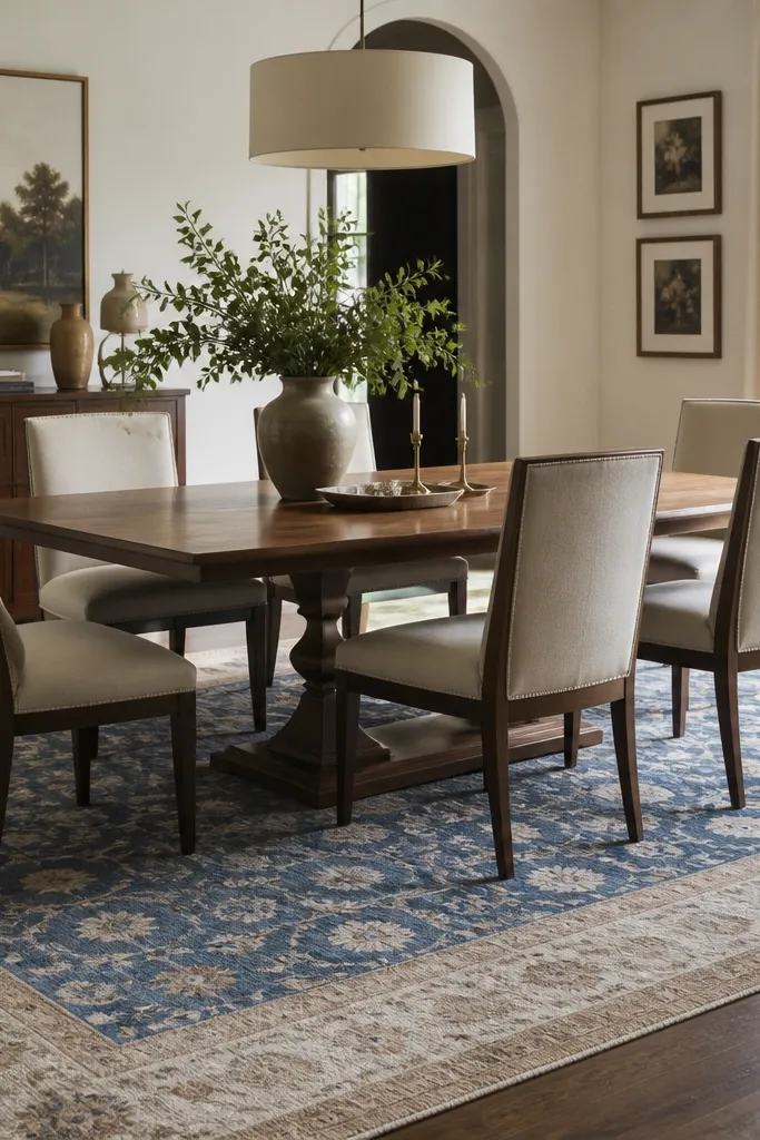 A dining area with a blue patterned rug under the table; chairs sit fully on the rug; a lighter border rug sits underneath or behind for texture.