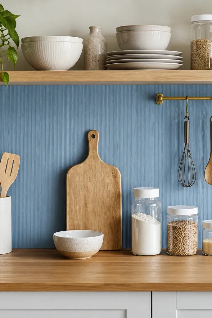 A kitchen counter with a removable blue vinyl backsplash sheet behind open shelving; jars with white lids; a wooden cutting board; small hanging utensil hooks.