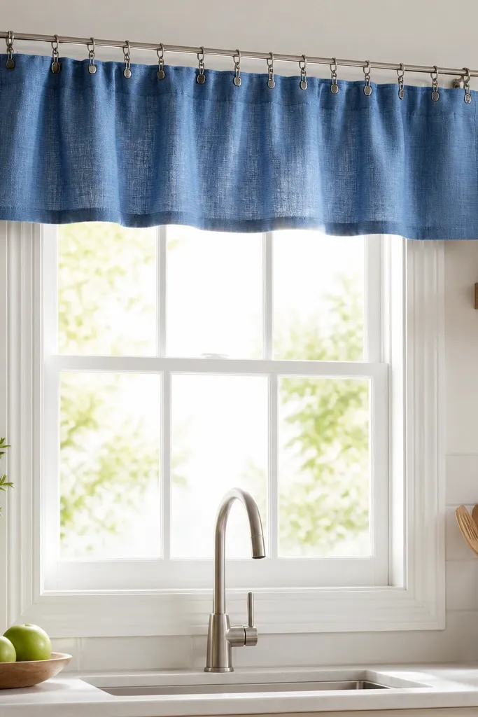 A short blue valance above a kitchen window; the fabric is gathered slightly and attached to a tension rod with small clip rings; the rest of the window is light and airy.