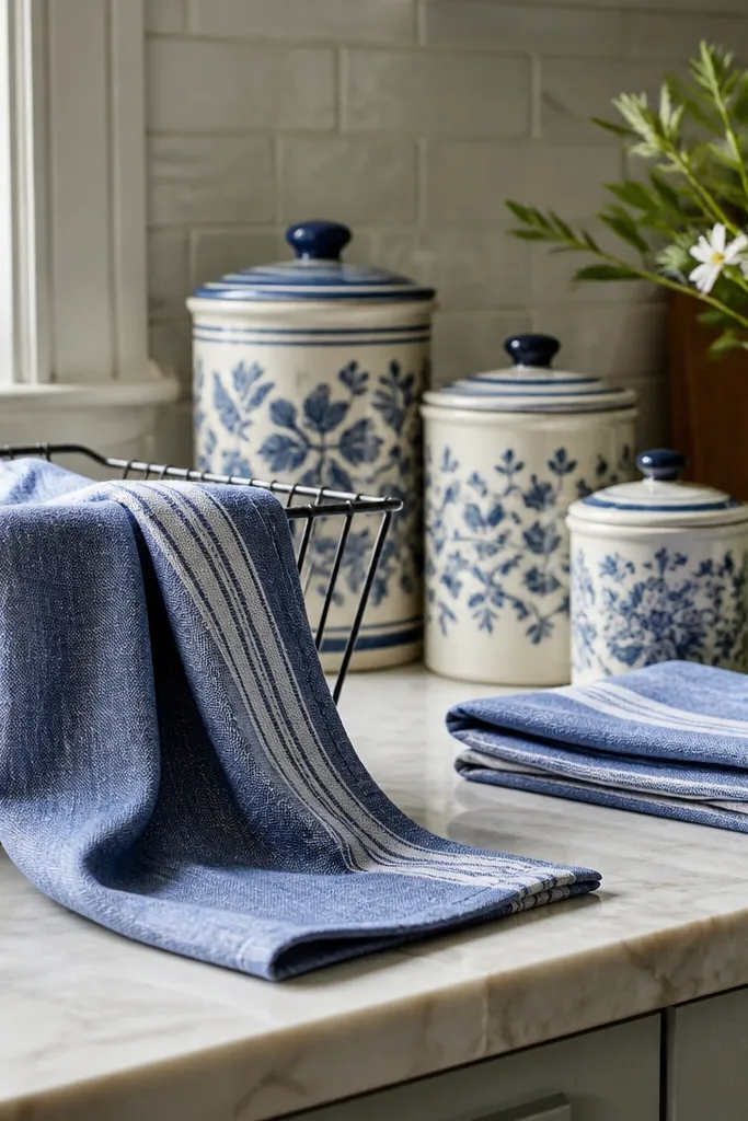 A countertop with a blue dish towel draped over a drying rack; a second towel folded near a jar; blue-and-white ceramic canisters.
