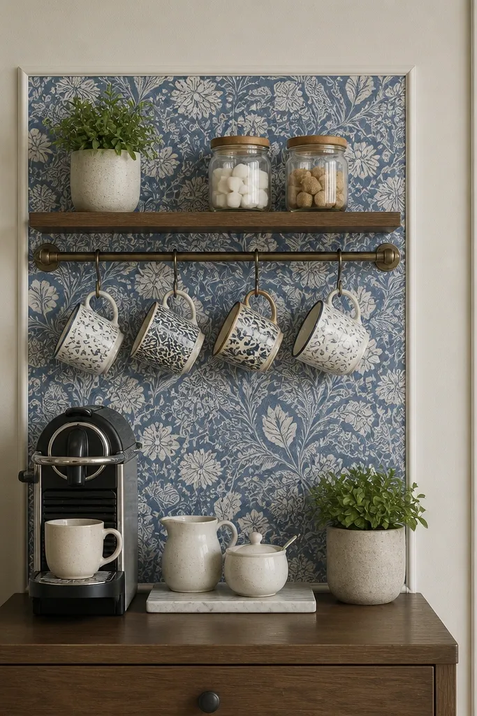 A small coffee station with a removable blue patterned wallpaper panel behind it; mugs hang from a removable rail; a tiny shelf holds sugar jars and a small plant.