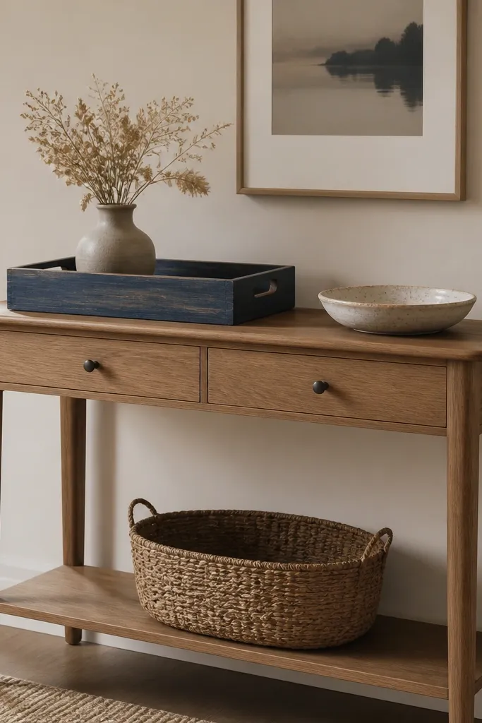 An entry table with a blue wooden-effect tray; a small vase with dried flowers; a ceramic dish; a woven basket underneath; walls are neutral with one framed print.