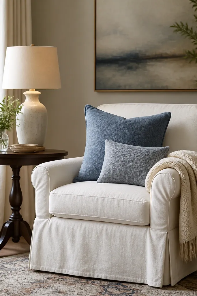 A living corner with a light slipcovered chair; two blue cushion covers; a cream throw blanket draped over the arm; a small side table with a lamp.