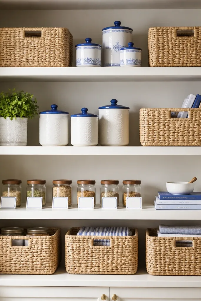 Open shelving with woven baskets in tan; white jars with blue lids; small label cards with blue text; a few books stacked neatly.