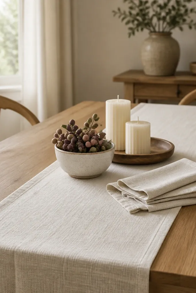 A light honey wood dining table with a folded cream linen runner centered lengthwise. On top: a small ceramic bowl of faux berries, a wooden tray holding two candles, and simple off-white napkins.