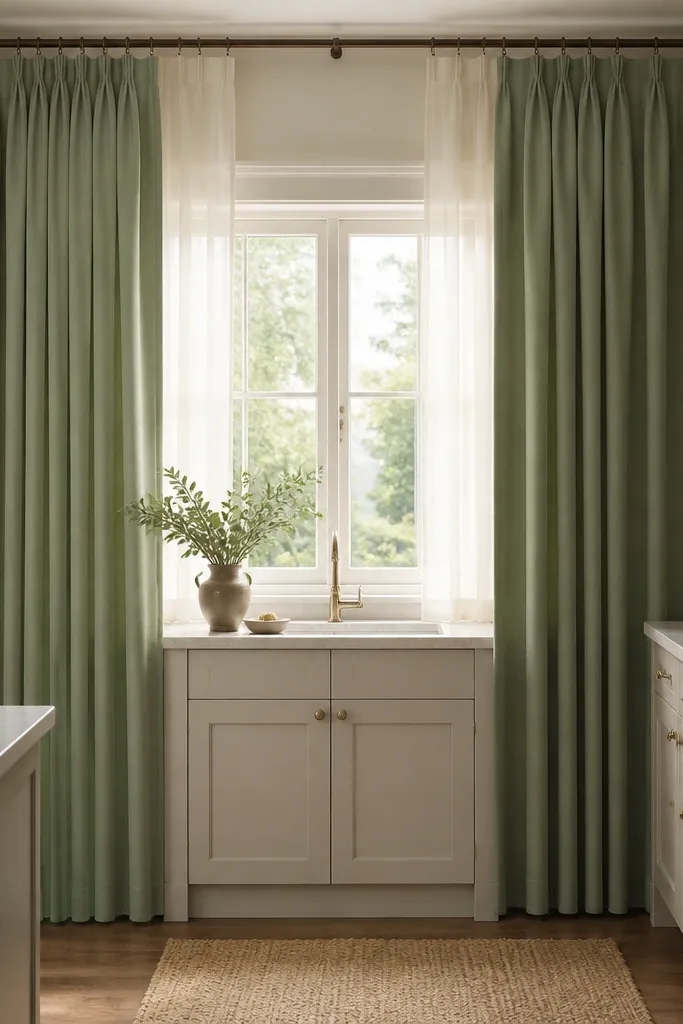 A window over a kitchen sink covered by sage-green curtains with a soft pinch-pleat style. The curtains hang to just above the floor, with cream sheers peeking behind.