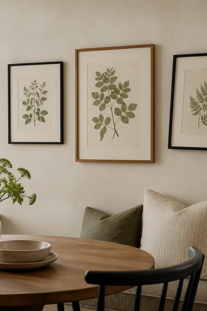 A small gallery wall of 3 frames above a dining nook. Frames are mixed in warm oak and black iron, with botanical prints in muted greens and cream paper. One frame is slightly tilted.