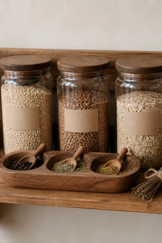 A small wall shelf in warm wood with three glass jars holding dry goods. Each jar has a kraft paper label. In front sits a wooden spice tray with tiny scoops and a small bundle of dried herbs.