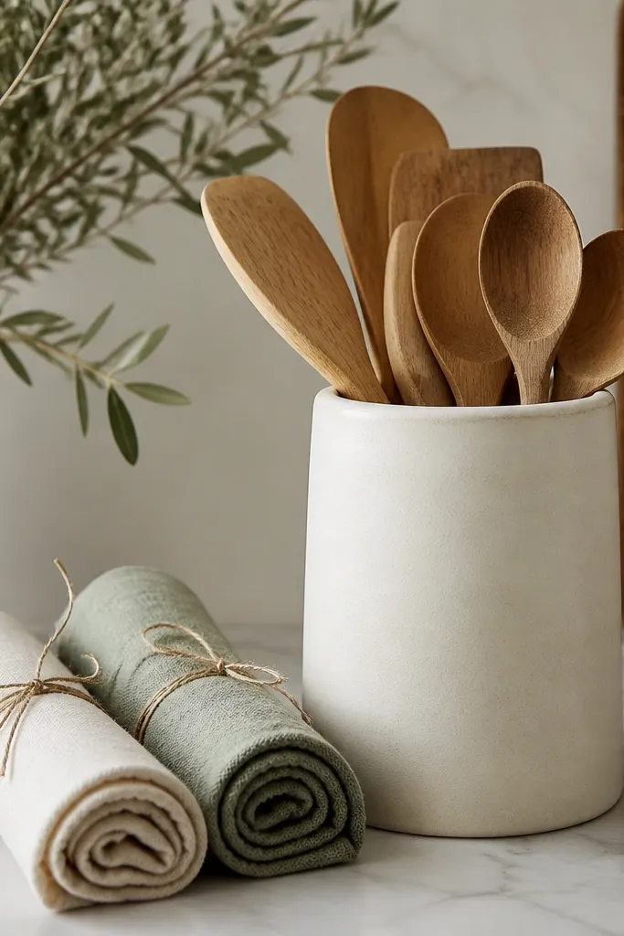 A matte ceramic utensil crock on the counter with wooden spoons inside. Next to it, two rolled cotton dish towels in cream and faded sage, tied loosely with twine.