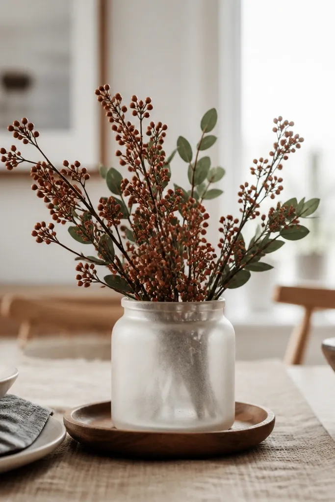 A short milk glass vase on the dining table filled with faux dried berries and a few green stems. The vase looks slightly cloudy and matte, with a small wooden tray beneath it.