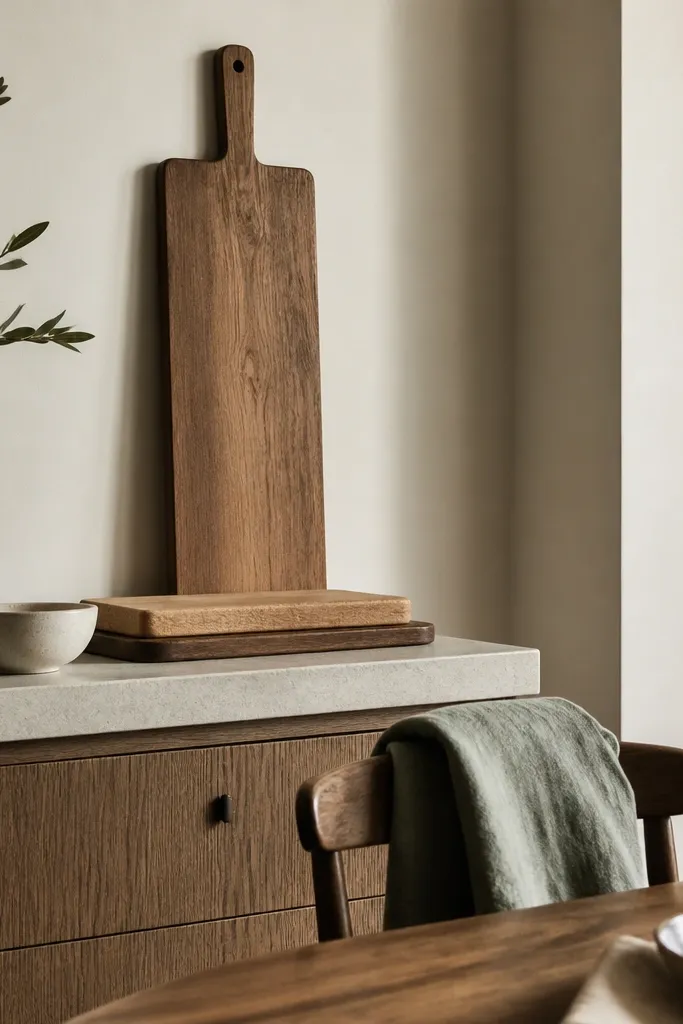 A tall wooden cutting board leaning against the wall near the dining area. On the counter below it: a stack of two boards, a small ceramic bowl, and a single sage towel draped over a chair back.