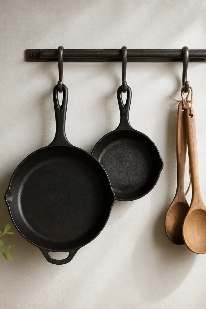 A small ceiling or wall rail with 3 simple hooks. Hanging from the hooks is one cast-iron pan and one small skillet, with two wooden spoons tucked nearby.
