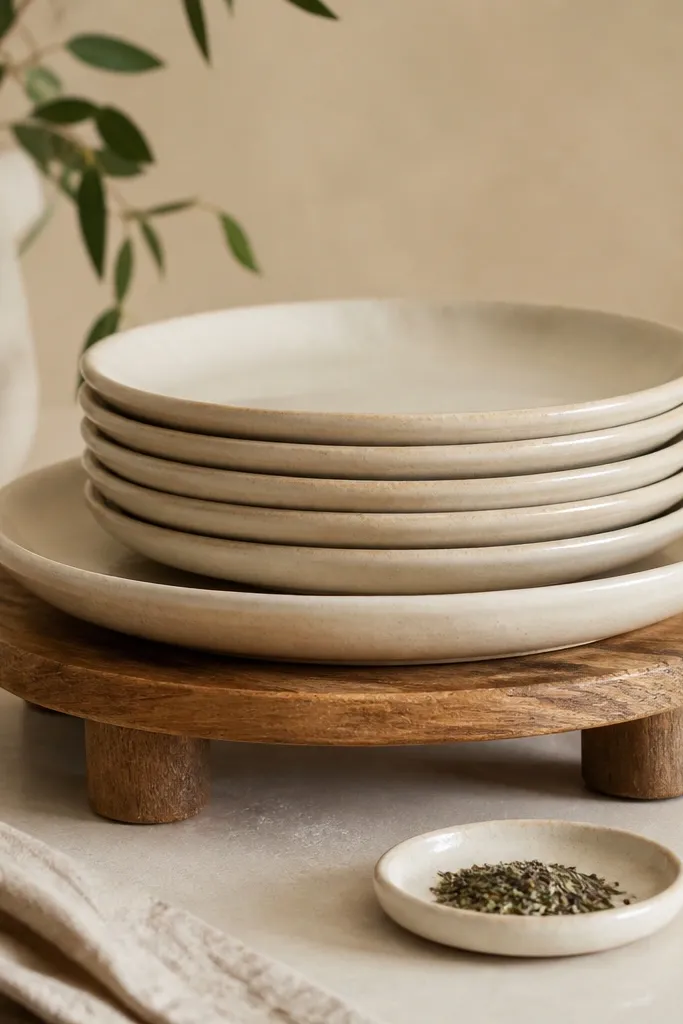 A low wooden stand holding a neat stack of cream ceramic plates. One plate is slightly larger on the bottom, and a small dish with dried herbs sits in front.