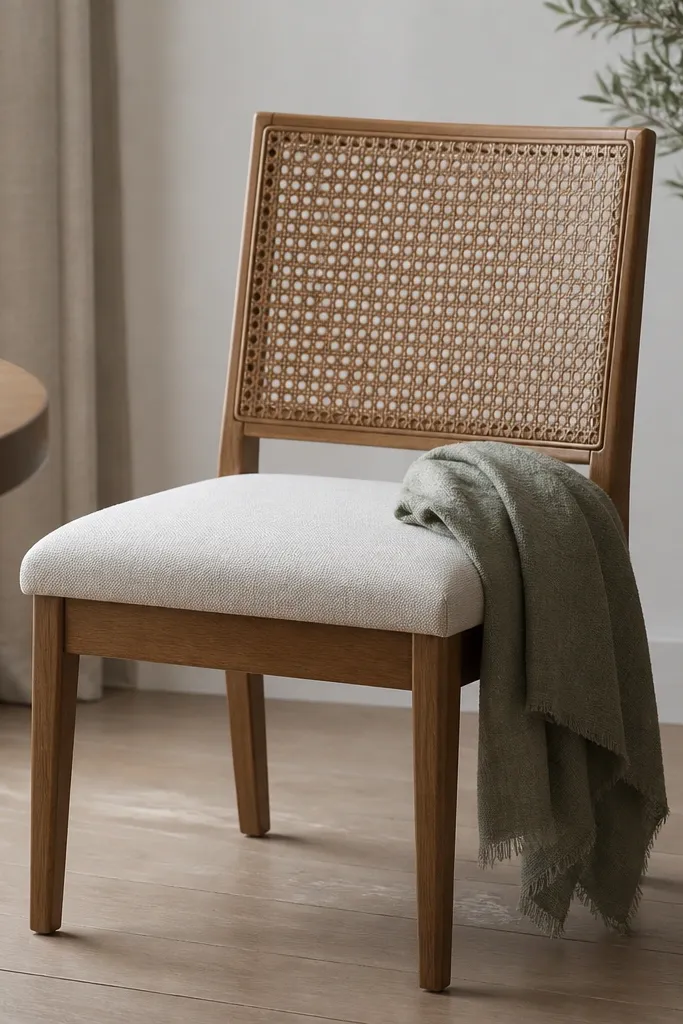 A dining chair with woven rattan back and a cream seat cushion. The cushion fabric is textured, with a subtle weave. A small sage throw is folded over one side of the chair.