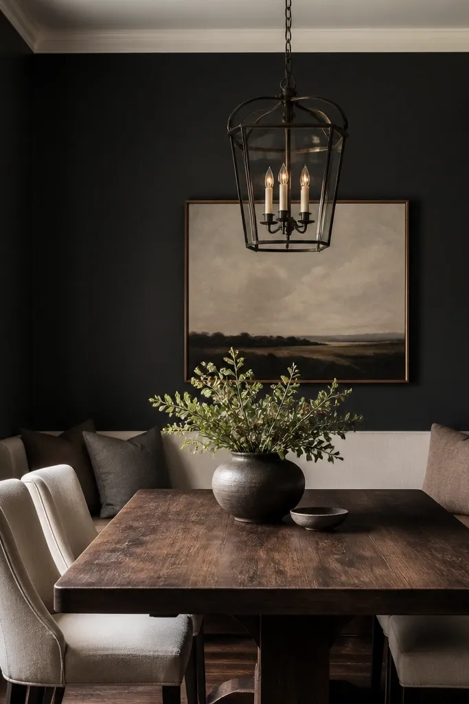 A dining nook with near-charcoal walls, a crisp warm white trim line, and a dark wooden table centered under a hanging lantern. The corners show soft shadowing and the wood grain on the tabletop is clearly visible.