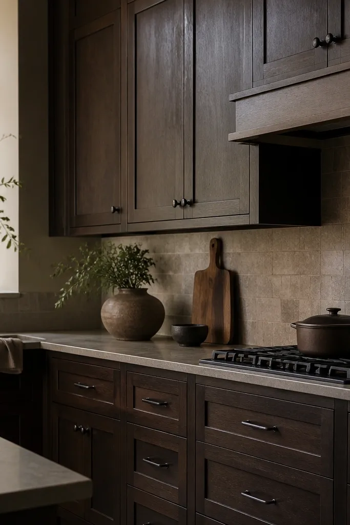 Kitchen cabinets stained a deep espresso tone with dark oil-rubbed bronze knobs and pulls. A small brass-toned tray sits on the counter, and the backsplash is a muted stone color.