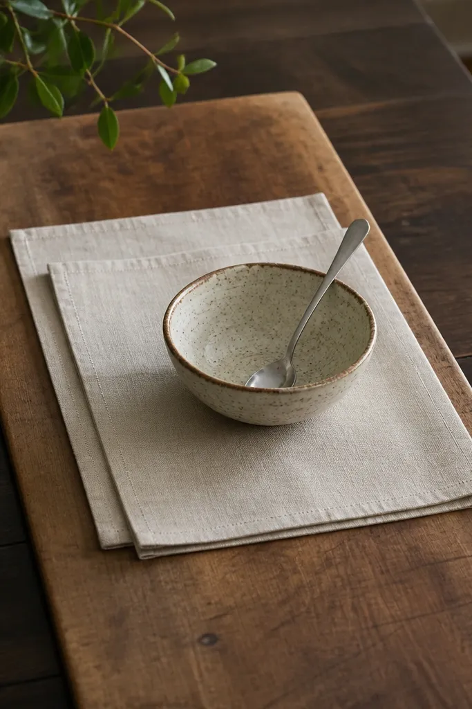 A dark wooden table with a butcher block runner showing knife marks and warm grain. On top sit two stacked linen placemats in oatmeal and a small ceramic bowl with a spoon.