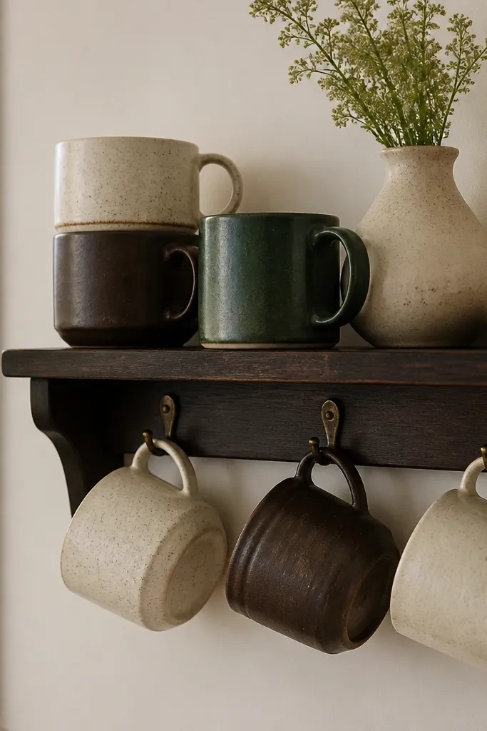 A small floating shelf painted dark wood with several stoneware mugs hanging or stacked. The mugs are cream, dark brown, and one deep green, arranged with visible handles.