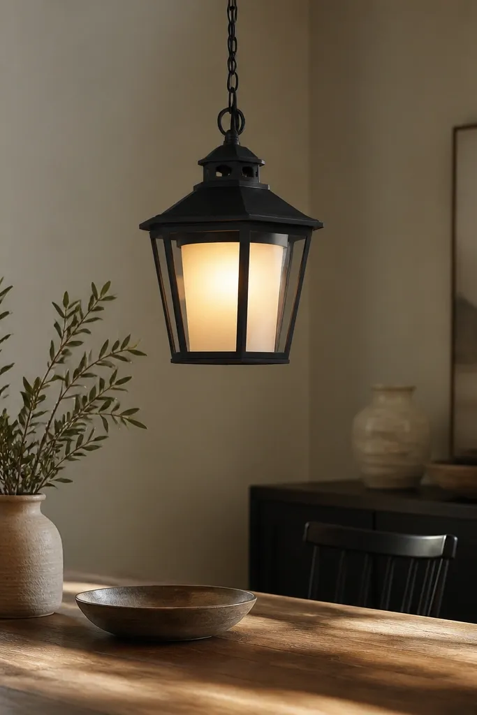 A black lantern-style pendant hanging over a dining table. The bulb inside is frosted, giving a soft yellow glow, and the table surface shows gentle highlights.