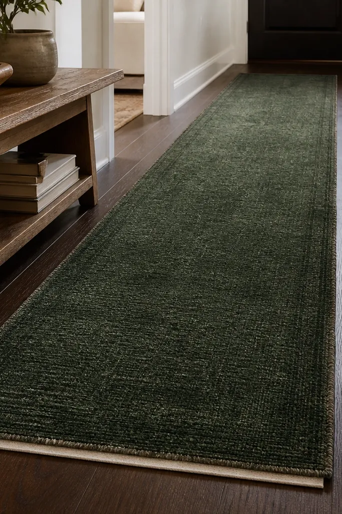 A narrow runner rug in deep forest green laid along a dark wood floor. The rug has a subtle texture and a slightly worn edge, with a small rug pad under it.