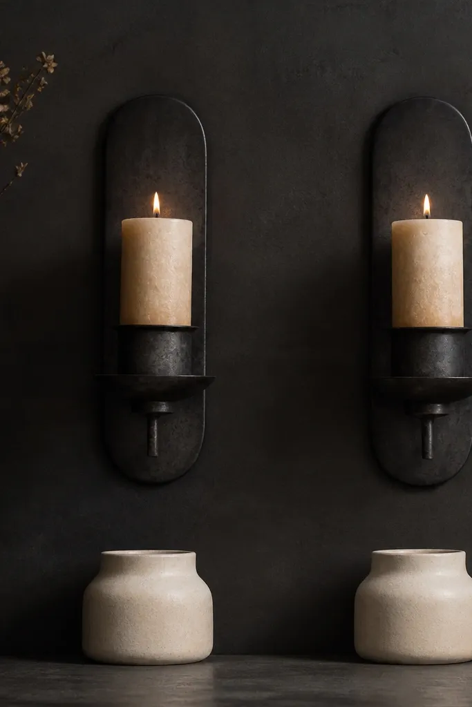 Two blackened metal sconces mounted on a dark wall, each holding a thick candle. Under each sconce sits a small cream ceramic base with a matte finish.
