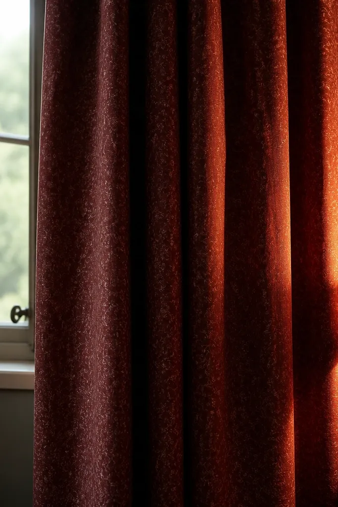 Window covered with burgundy linen curtains with a small faded pattern. The curtain folds are heavy, and warm light spills from a nearby lamp, tinting the fabric.