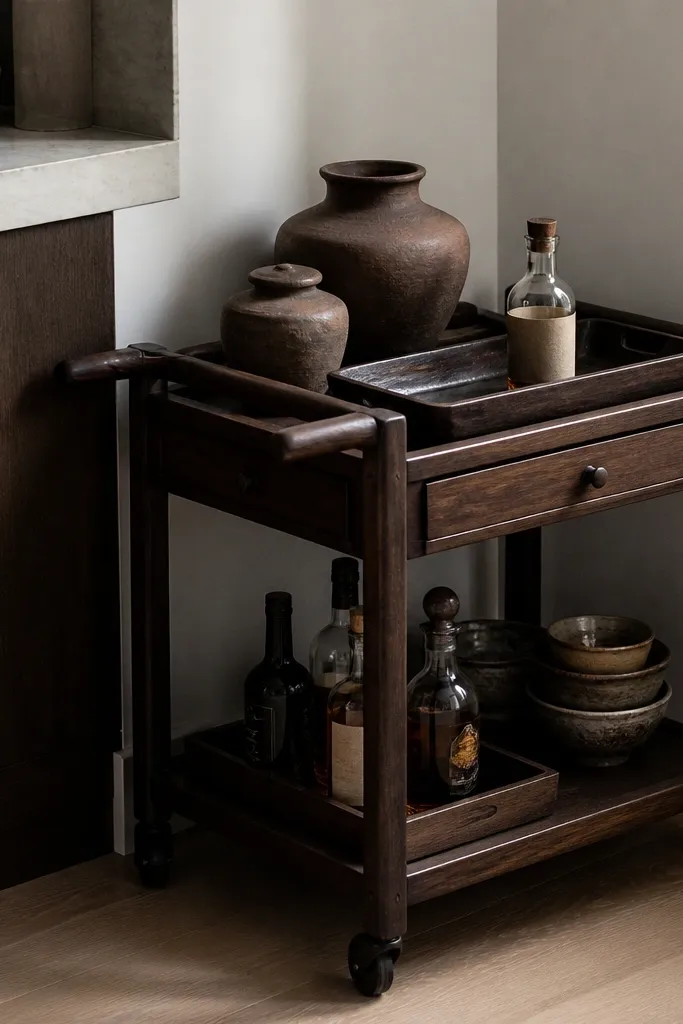 A dark wood bar cart tucked into a kitchen corner with two tiers. On top are clay jars, a dark wood tray, and a small bottle with a paper label.