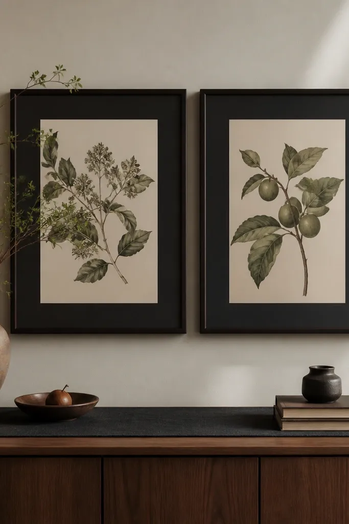 A set of two botanical prints framed in dark frames with black matting. The prints show muted greens and browns, and they hang above a sideboard with a dark runner.