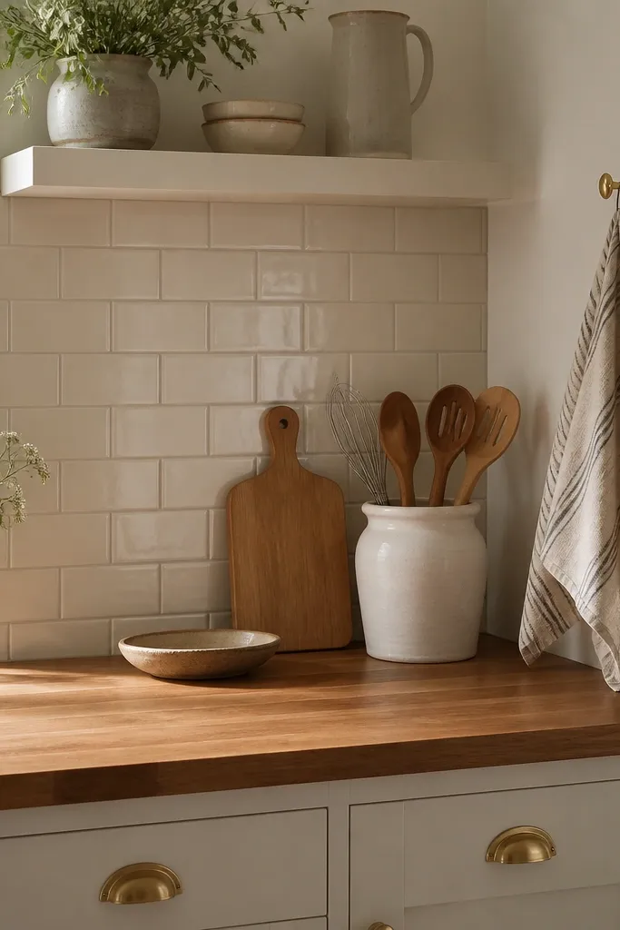 A kitchen with a warm butcher-block counter, cream subway tile backsplash, pale walls, and brass-toned cabinet pulls. A small wooden cutting board leans against a ceramic utensil crock, with a striped linen towel hanging from a hook.