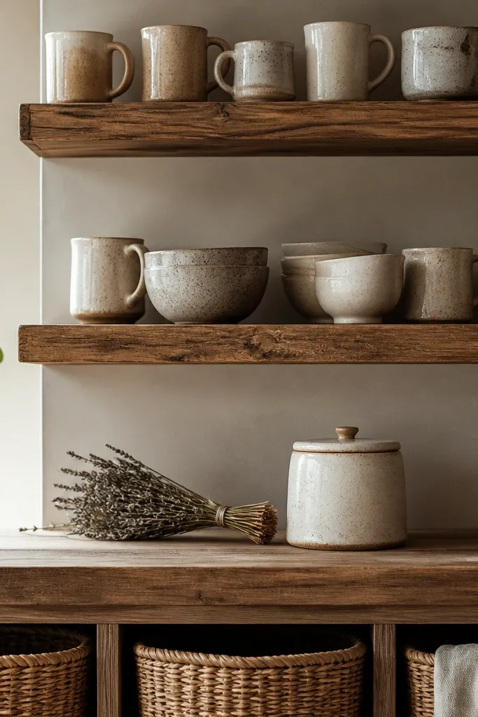 Open wooden shelves hold mismatched cream and speckled stoneware mugs and bowls. Under the shelves, woven baskets sit in a cabinet opening. A small dried herb bundle rests on the counter beside a ceramic canister.