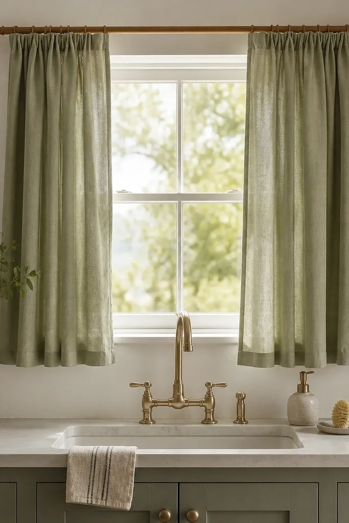 A kitchen sink sits under a window with sage green curtains hung from a warm wood rod. The curtains are gathered lightly and fall to just above the counter. A small ceramic soap dispenser and a dish brush sit on the counter.