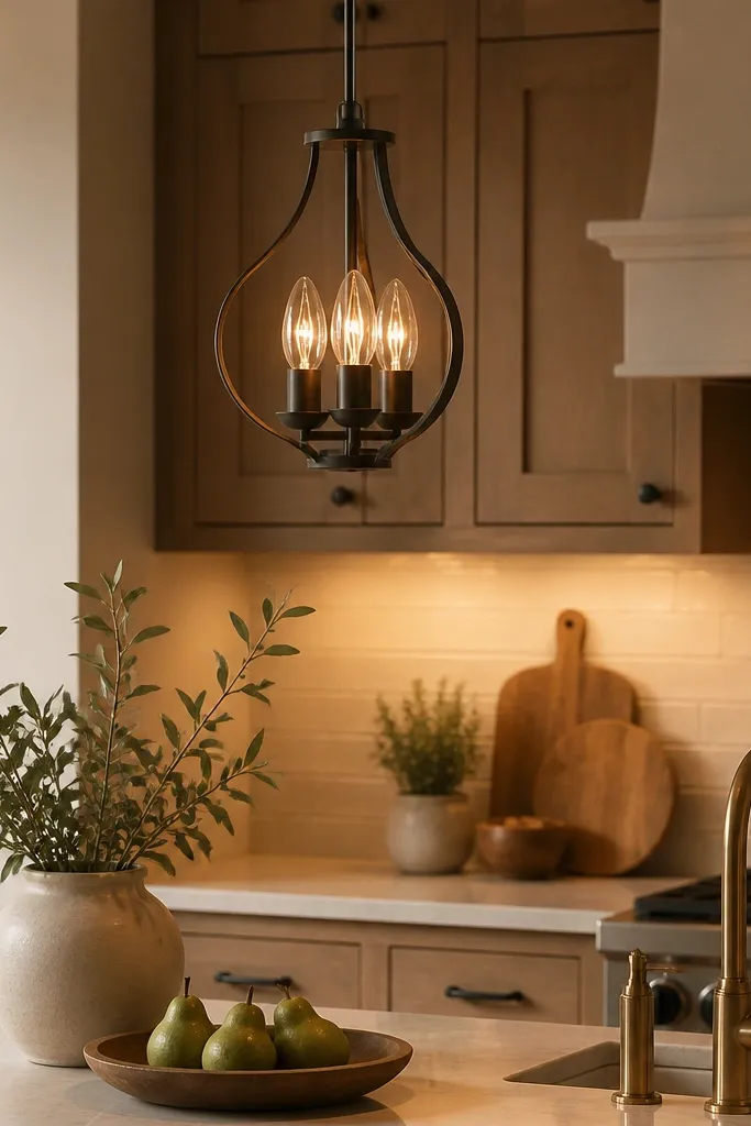 A small pendant fixture with candle-shaped glass shades hangs over a kitchen island. The bulbs glow warm amber. Above the counter, the lighting casts soft shadows on a cream backsplash and wood cabinets.