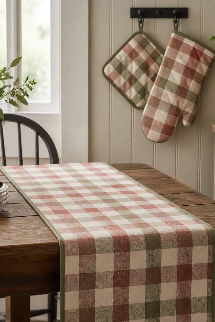 A checkered plaid table runner lies on a kitchen table. A matching pot holder and oven mitt hang on a hook nearby. The colors are muted - cream, faded red, and dusty green.