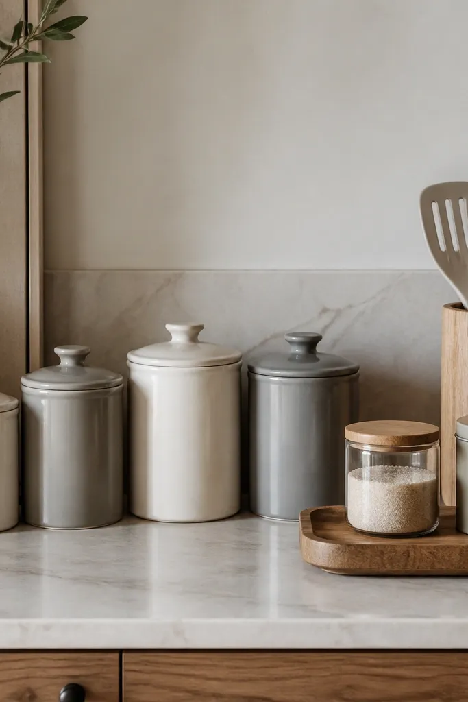 A row of ceramic canisters in cream and warm gray sits on the counter. A wooden utensil crock holds a spatula and a wooden spoon. A small wooden tray holds a jar of sugar and a tin of tea.