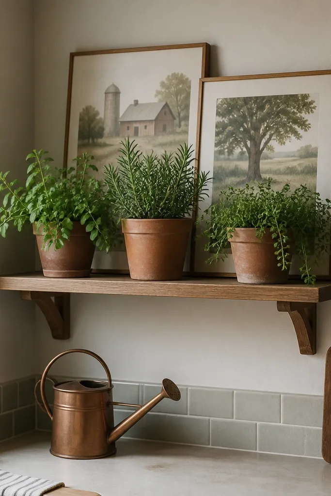 A small wall shelf in a kitchen corner holds terracotta pots with herbs. Behind them are two framed prints with muted farm colors. A small watering can sits on the counter below.