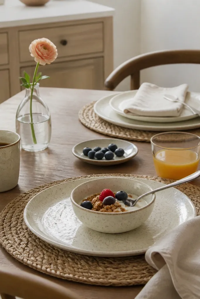 A kitchen table set for breakfast with mismatched cream and speckled plates, a simple linen napkin, and a small bud vase with a single flower. A woven placemat sits under each place setting.