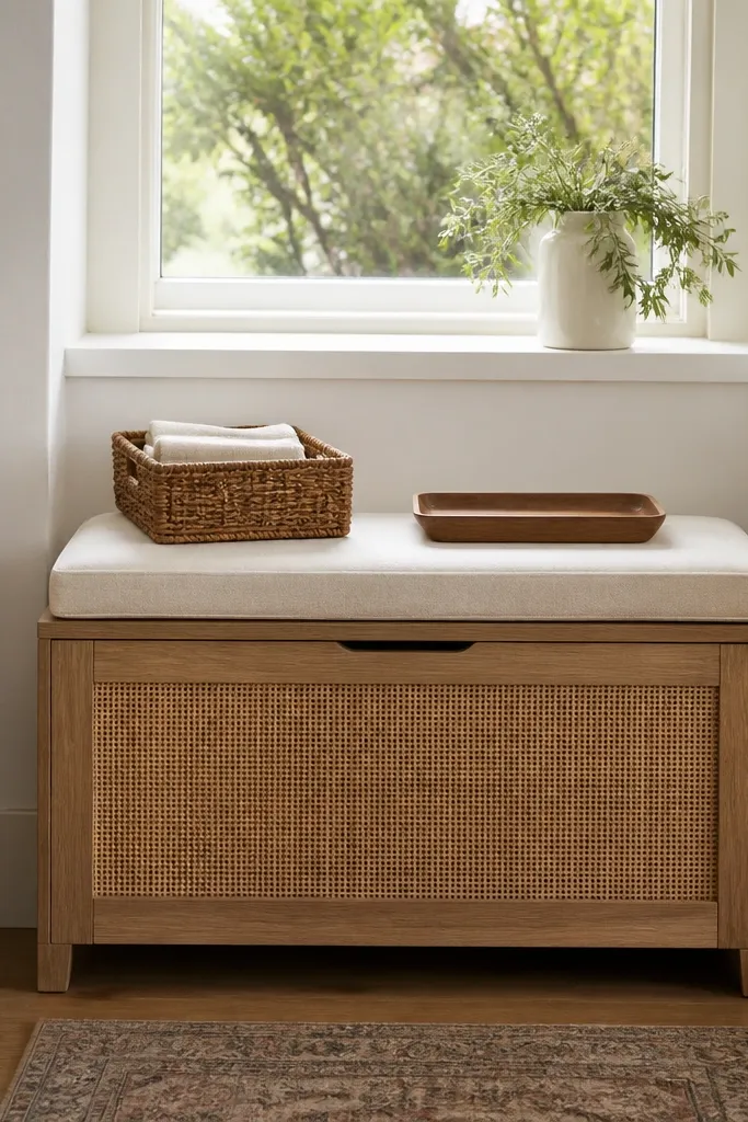 A small storage bench sits under a kitchen window. The bench has a hinged top with a woven front panel and a cushion in oatmeal fabric. A basket holds napkins and a small tray rests on top.
