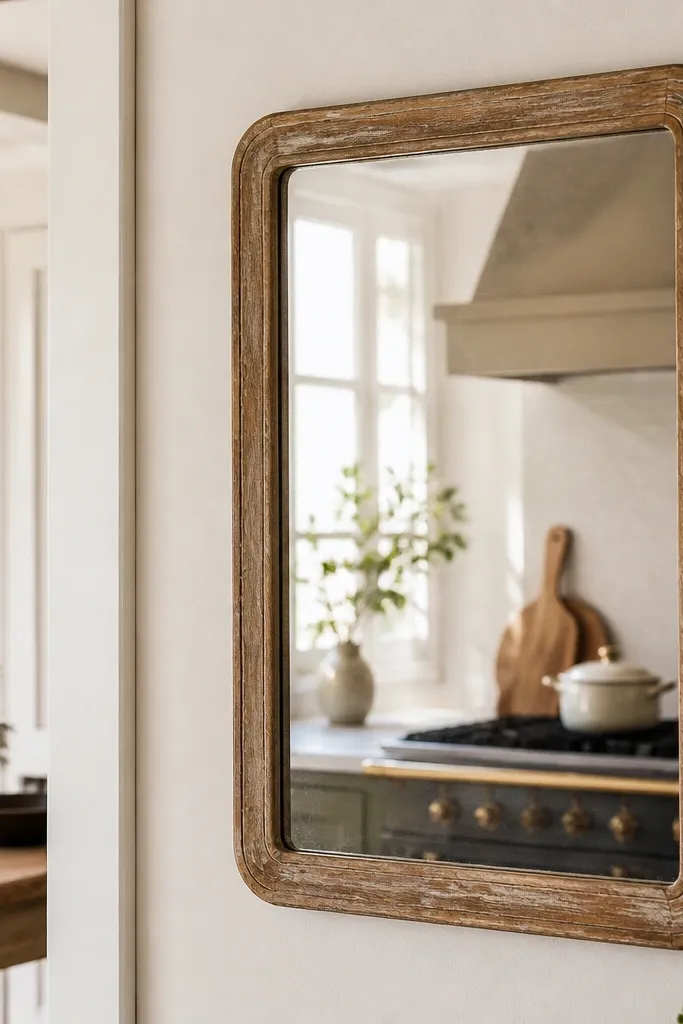 A wall mirror with a slightly distressed warm wood frame hangs near the kitchen. It reflects the window light and shows part of the stove area. The mirror edge has worn-looking texture, not heavy carving.