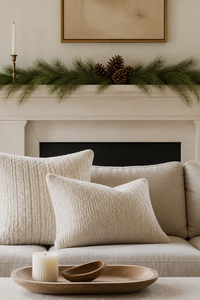A living room mantel with a simple pine garland, two white taper candles in holders, and a small cluster of faux pinecones. In front, two cream knit pillows sit on a light beige couch; a small tray holds a candle and a wooden spoon-shaped decor piece.