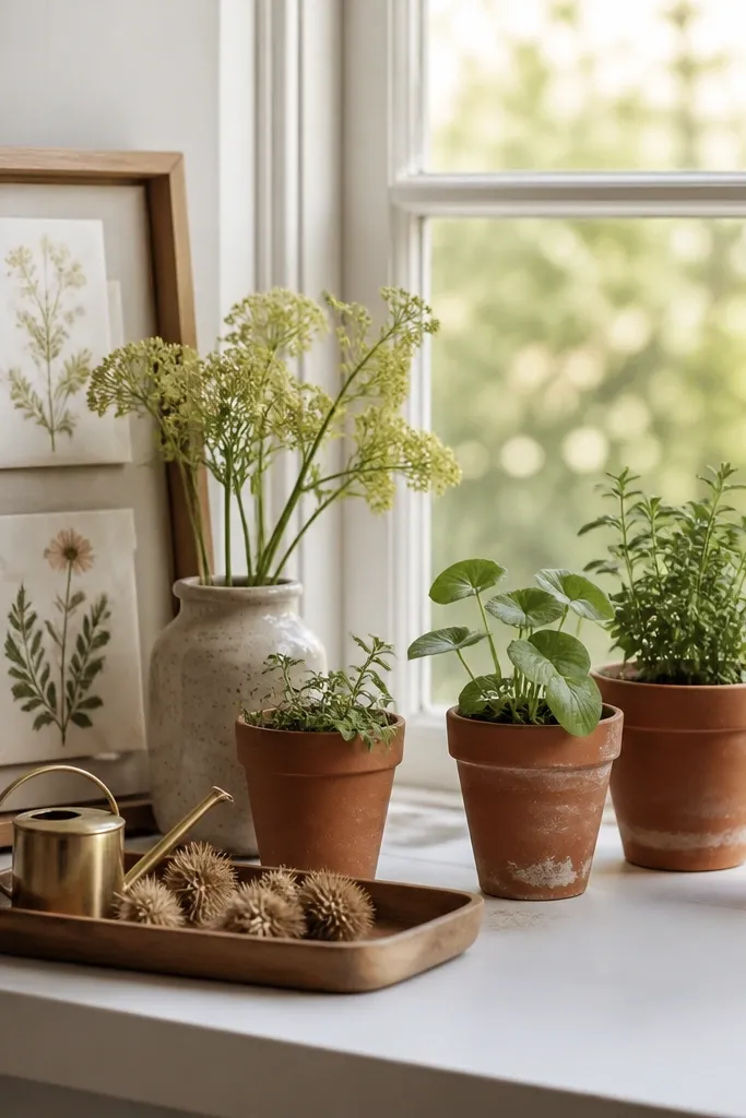 A window sill lined with small terracotta pots, a couple of folded seed packet prints in a frame, and a short vase of pale green stems. There's a small wooden tray with a tiny watering can and a few dried seed heads.