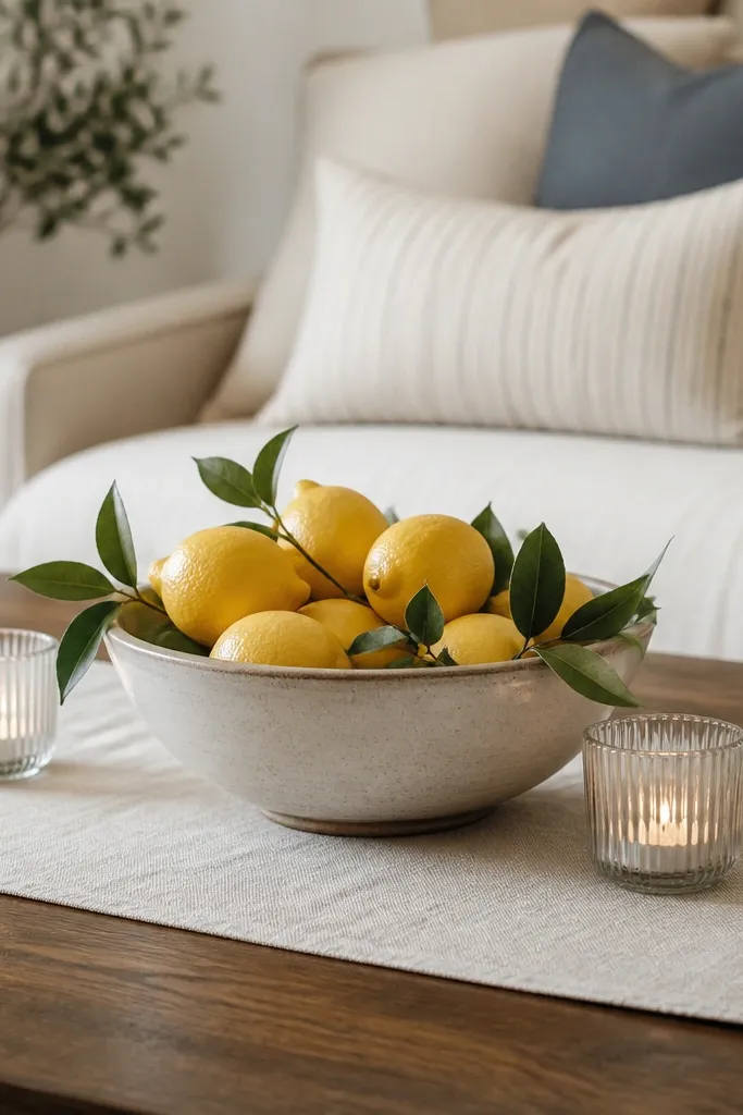 A coffee table covered with a light linen runner. A ceramic bowl holds bright yellow lemons and small green leaves. Two low glass votives sit on either side of the bowl.
